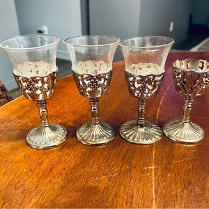 Vintage Gold Tone Metal Cordial Glasses Set of 4 Ornate Shot Goblets